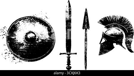 Set di stencil antichi guerrieri: Spada, scudo, lancia e casco per disegni storici. Illustrazione Vettoriale