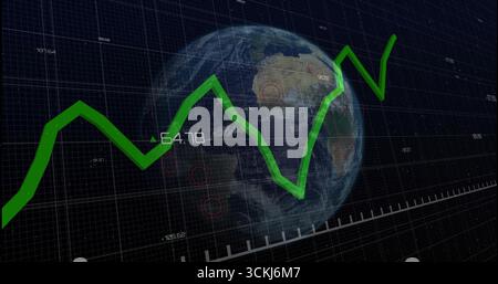 Globo tridimensionale fluttuante su griglia scura, con cerchi rossi, etichette numeriche, grafico verde Foto Stock