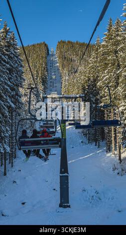 Goditi un giro in skilift attraverso un paese delle meraviglie invernali in Polianytsia, Ucraina, il 18 gennaio 2025, con alberi innevati che fiancheggiano il sentiero e sciatori Foto Stock
