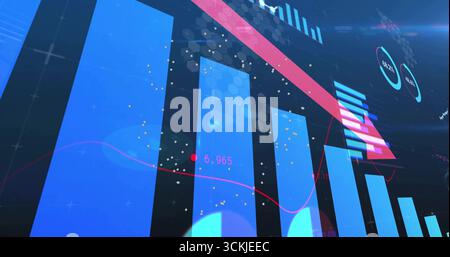 Visualizzazione del dashboard con barre blu con linea di tendenza rosa sull'interfaccia finanziaria, con indicatori Foto Stock