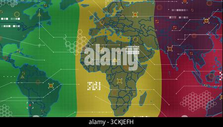 Visualizzazione della mappa mondiale segmentata in bande tricolore sulla console, con griglia esadecimale, nodi dati e frecce Foto Stock