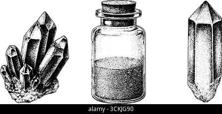 Magici frammenti di cristallo e bottiglia di pozione per un design e una decorazione fantasiosi. Illustrazione Vettoriale