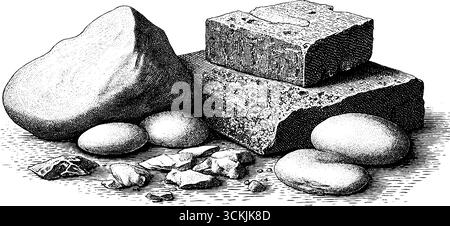 Illustrazione d'epoca disegnata a mano di piattaforme marittime crollate e frammenti di vetro marino. Illustrazione Vettoriale