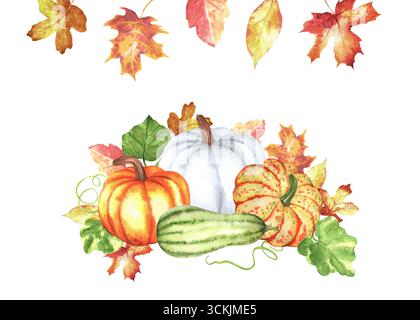 Modello autunnale pronto all'uso con foglie colorate, zucche arancioni, bianche e verdi e foglie verdi. Clipart del festival del raccolto autunnale. Disegnato a mano Foto Stock