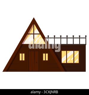 Design moderno della casa a triangolo. Architettura minimalista contemporanea di un isolato edificio di campagna. Casa in legno con telaio ad a in natura. Grafica piatta a colori Illustrazione Vettoriale