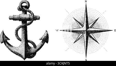 Ancora nautica vintage e disegno a forma di bussola per tatuaggi e arte. Illustrazione Vettoriale