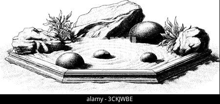 Tranquillo giardino zen con sabbia rastrellata e pietre nere lisce per la consapevolezza e il relax. Illustrazione Vettoriale