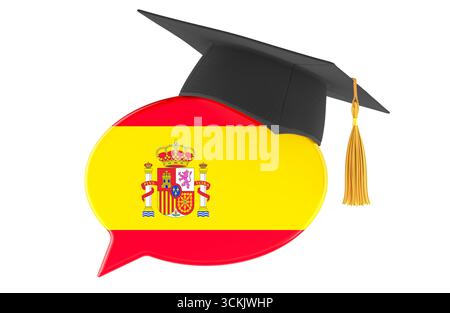 Apprendimento della lingua spagnola, bolla di discorso con cappuccio di laurea. Rendering 3D isolato su sfondo bianco Foto Stock