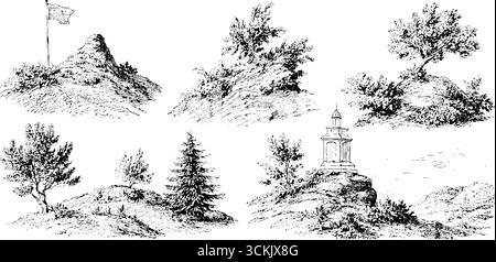 Incisioni vintage in bianco e nero di paesaggi con colline e alberi. Illustrazione Vettoriale