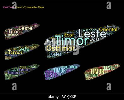Timor Est. Serie di illustrazioni in stile tipografico. Forma della mappa di Timor Est costruita con nomi di paesi orizzontali e verticali. Illustrazione vettoriale. Illustrazione Vettoriale