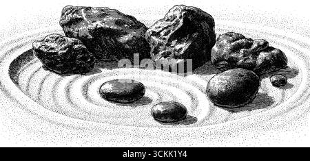 Tranquillo giardino zen con sabbia rastrellata e pietre lisce per meditazione e pace. Illustrazione Vettoriale