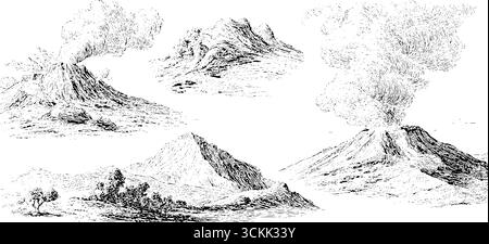 Paesaggi vulcanici vintage: Incisioni in bianco e nero disegnate a mano per un design retrò. Illustrazione Vettoriale