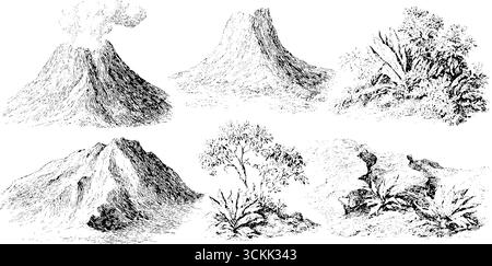 Scenografia vintage di paesaggi vulcanici e vegetazione per design e arredamento. Illustrazione Vettoriale