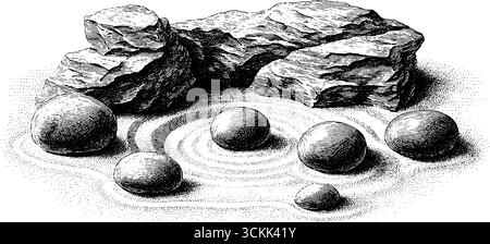 Tranquillo giardino zen con sabbia rastrellata e pietre lisce per serenità e consapevolezza. Illustrazione Vettoriale