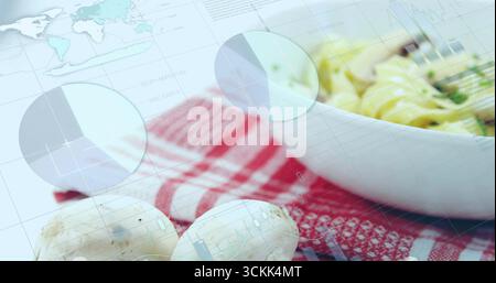 Visualizzazione di una ciotola in ceramica bianca che contiene spaghetti con prezzemolo e sovrapposizioni di dati, copia dello spazio Foto Stock