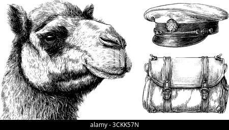 Cammello inciso con tema Messenger: Illustrazione vintage per concept di design unici. Illustrazione Vettoriale