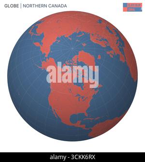 Globo vettoriale incentrato sul Canada settentrionale. Tavolozza blu ardesia e corallo. Mappa del mondo con meridiani, paralleli, paesi, fiumi e laghi. Illustrazione Vettoriale