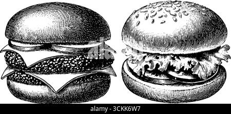 Set illustrativo di hamburger vintage con varianti classiche e gourmet per l'arte culinaria. Illustrazione Vettoriale