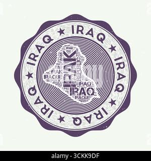 Sigillo iracheno. Logo rotondo paese con la forma dell'Iraq e il nome del paese in più lingue wordcloud. Emblema accattivante. Illustrazione Vettoriale