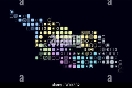 Georgia, forma del paese costruito di cellule colorate. Mappa digitale della Georgia su sfondo scuro. Blocchi quadrati arrotondati di grandi dimensioni. Illustrazione Vettoriale