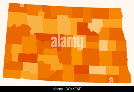 Mappa del North Dakota con le contee. Solo una semplice mappa del confine di stato con la divisione della contea. Tavolozza dei colori arancione. Illustrazione Vettoriale