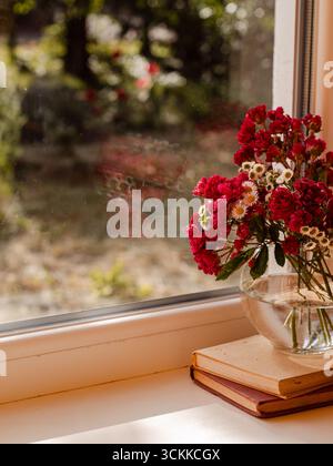 Garofani rossi e margherite bianche in vaso di vetro su davanzale con libri, accogliente natura morta. Foto Stock