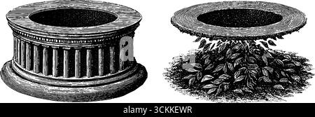 Set di opere d'arte con soglia del tempio incisa, caratterizzato da colonne classiche e dettagli decorativi. Illustrazione Vettoriale