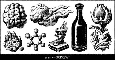 Set di illustrazioni incise incentrato su concetti di nanotecnologia e esplorazione scientifica. Illustrazione Vettoriale