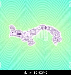 Forma di Panama formata dal nome del paese in più lingue. Panama Border su elegante sfondo sfumato a righe. Poster vibrante. Illustrazione Vettoriale
