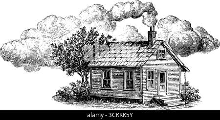 Affascinante piccola casa d'epoca con fumo di camino e albero in stile retrò inciso per un design nostalgico. Illustrazione Vettoriale