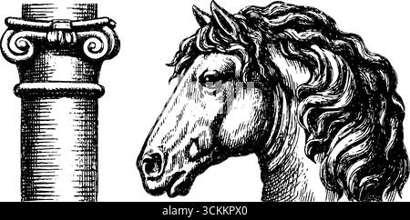 Incisione a carosello di cavalli vintage - design classico per arte e arredamento. Illustrazione Vettoriale