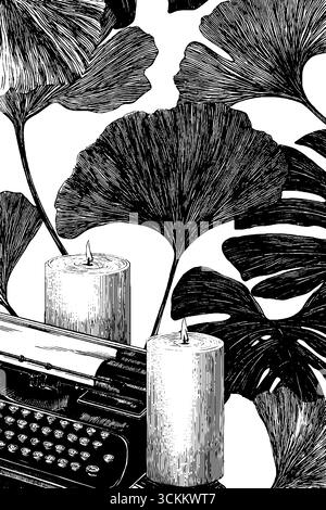 Fantasia vintage di ginkgo e monstera con macchina da scrivere e candele - design con incisioni retrò per la decorazione. Illustrazione Vettoriale