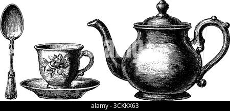 Teiera vintage incisa e set da tè con cucchiaio per arredare la cucina in stile retrò o per gli amanti del tè. Illustrazione Vettoriale