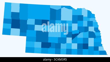 Mappa del Nebraska con le contee. Solo una semplice mappa del confine di stato con la divisione della contea. Tavolozza di colori azzurro. Illustrazione Vettoriale