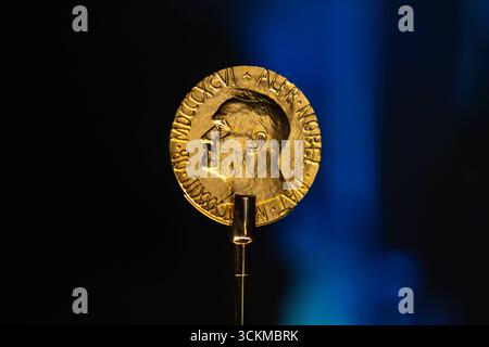 La medaglia del Premio Nobel per la pace. Norvegia, Oslo 12 settembre 2025: La medaglia del Premio Nobel per la pace si svolge di fronte a sfondo nero. La medaglia fa parte della mostra War is Peace presso il Nobel Peace Center Nobels Fredssenter di Oslo dal 12 settembre 2025 al 7 aprile 2026. *** Medaglia del Premio Nobel per la Pace Norvegia, Oslo 12 settembre 2025 Medaglia del Premio Nobel per la Pace che ruota di fronte allo sfondo nero la medaglia fa parte della mostra Guerra è la pace presso il Centro Nobel per la Pace Nobels Fredssenter di Oslo dal 12 settembre 2025 al 7 aprile 2026 Foto Stock