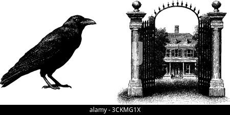 Set illustrativo inciso con villa infestata e corvo per il design di halloween. Illustrazione Vettoriale