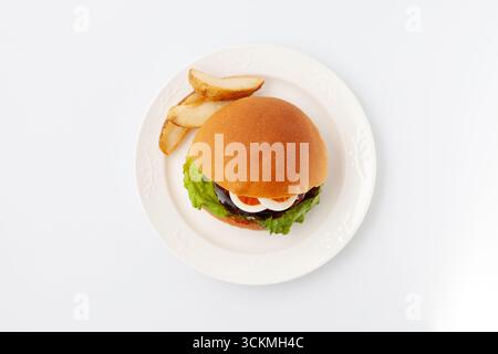 hamburger teriyaki con uovo bollito su piatto isolato su fondo bianco Foto Stock