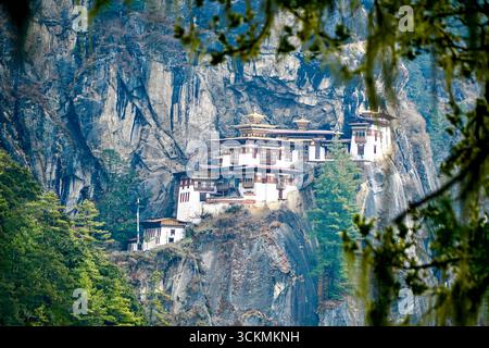 Tigers Nest Monastry (Paro Taktsang) arroccato su una scogliera in bhutan Foto Stock