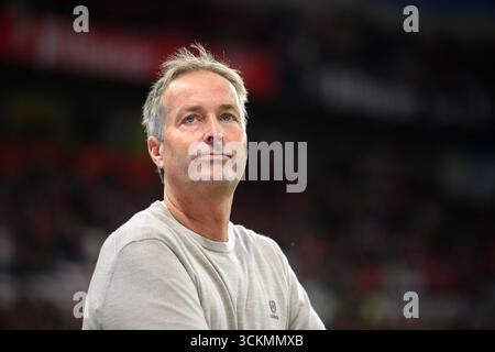 Leverkusen, Germania. 12 settembre 2025. Allenatore Kasper Hjulmand (Bayer Leverkusen) Football 1. Bundesliga, 3.Matchday, Bayer 04 Leverkusen - Eintracht Francoforte, il 12 settembre 2025, a Leverkusen, Germania. #Le normative DFL vietano qualsiasi uso di fotografie come sequenze di immagini e/o quasi-video # credito: dpa/Alamy Live News Foto Stock