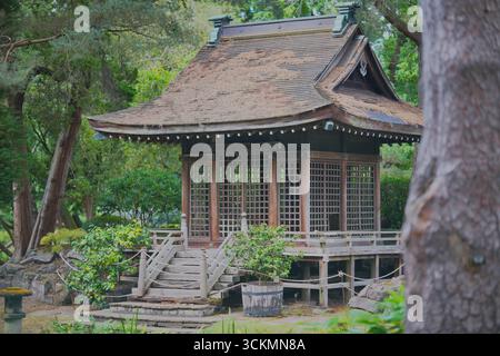 Tradizionale casa da tè giapponese in un lussureggiante giardino circondato da alberi e piante, vista durante il giorno Foto Stock