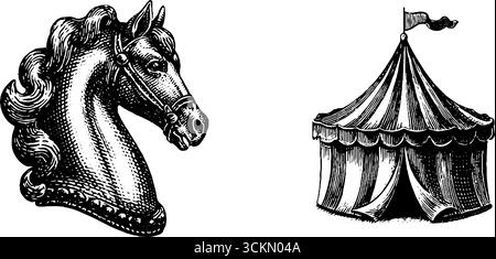 Incisione vintage a carosello per cavalli e tende da circo per progetti di design artistico. Illustrazione Vettoriale
