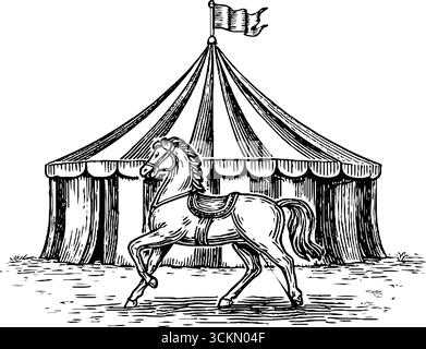 Illustrazione con carosello a carosello inciso e tenda da circo per un design vintage. Illustrazione Vettoriale