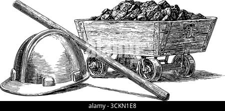 Illustrazione di attrezzature da miniera vintage con casco e carrello per carbone per un design storico. Illustrazione Vettoriale