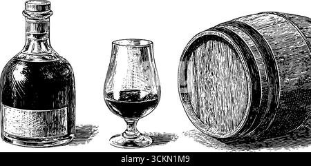 Set illustrativo cognac vintage con bottiglia, vetro e cilindro per un design tradizionale. Illustrazione Vettoriale