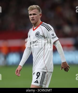 Leverkusen, Germania. 12 settembre 2025. Jonathan Burkardt (Francoforte), Leverkusen, Germania, 12 settembre 2025, Bundesliga, Matchday 3, Bayer 04 Leverkusen contro Eintracht Frankfurt. LE NORMATIVE DFL VIETANO QUALSIASI USO DI FOTOGRAFIE COME SEQUENZE DI IMMAGINI E/O QUASI-VIDEO crediti: Juergen Schwarz/Alamy Live News Foto Stock