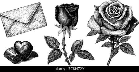Set vintage inciso di cuori, rose e lettere di san valentino per un design romantico. Illustrazione Vettoriale