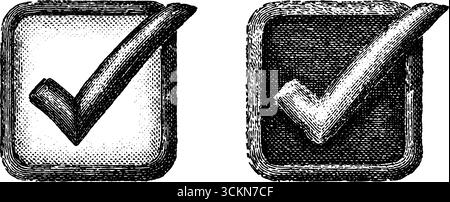 Icone di casella di controllo vintage incise per progetti di design e stampa. Illustrazione Vettoriale