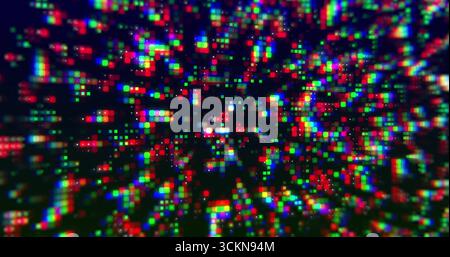 Visualizzazione di primi piani sfocati che rivelano cluster di pixel RGB sul display digitale, moduli LED Foto Stock