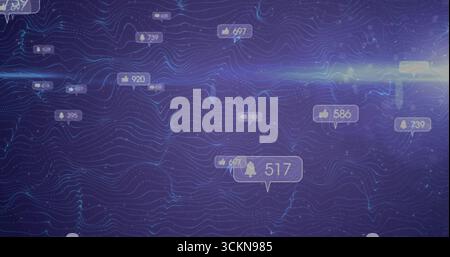 Visualizzazione di forme d'onda di dati blu-viola che fluiscono sul dashboard virtuale, con badge di notifica mobili Foto Stock