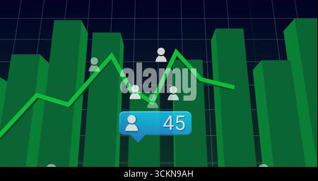 Visualizzazione di barre verdi 3D e grafico a linee verdi sul cruscotto con icone utente bianche didascalia blu Foto Stock
